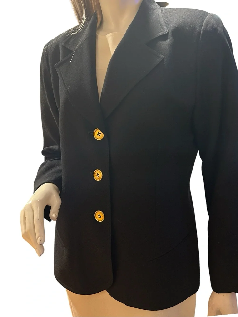 Vintage Christian Dior Black Wool Blazer Gold Buttons Power Dressing Size 14